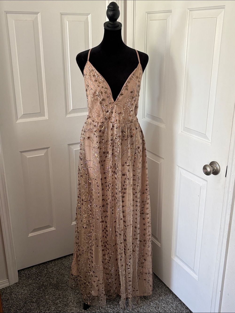 Lulus Luminous Night Taupe Sequin Glitter Maxi Dress.